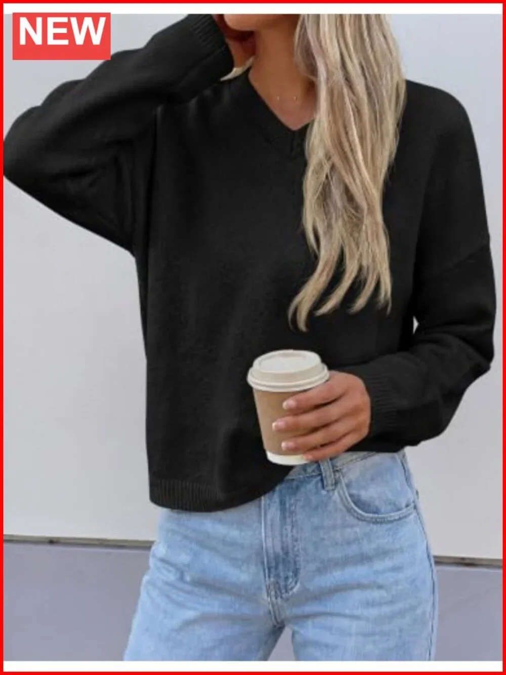Women's Cozy V Neck Pullover Sweater Long Sleeve Knit Top